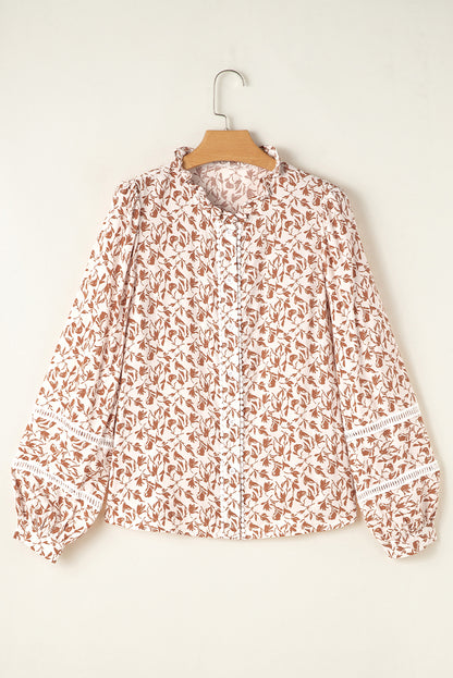 Printed Lace Detail Floral Puff Sleeve Fall Shirt