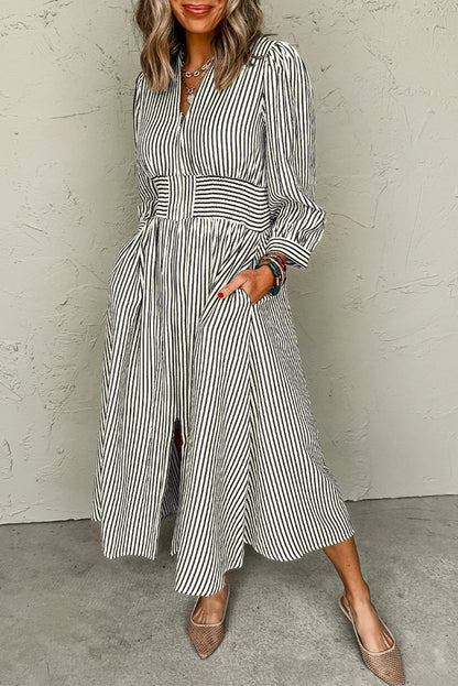 Stripe V Neck Zip Front Cinched High Waist Midi Dress