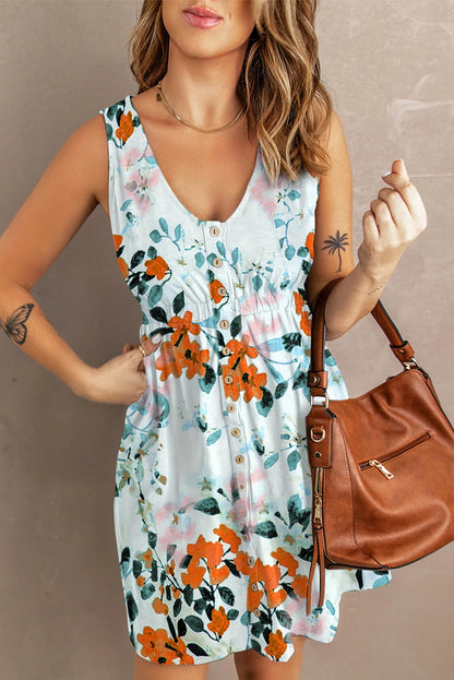 Floral Printed Sleeveless Button Up High Waist Mini Dress