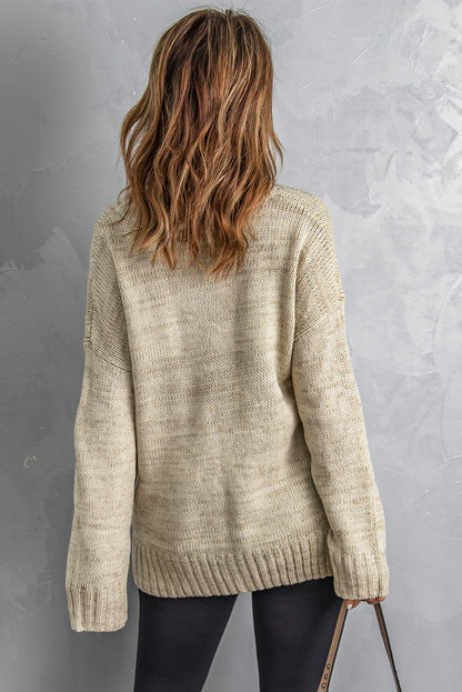 Khaki V neck Drop Shoulder Knitted Sweater