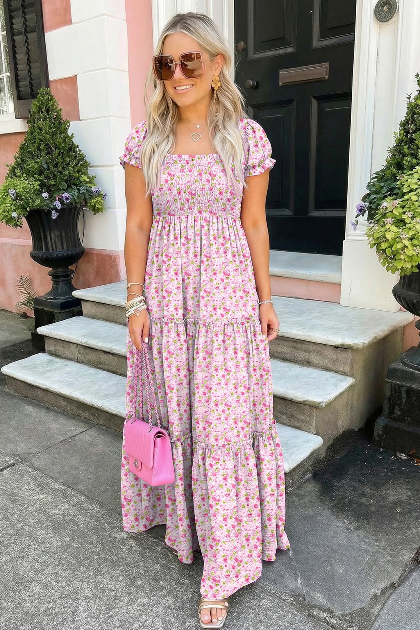 Floral Short Bubble Sleeve Shirred High Waist Maxi Dress