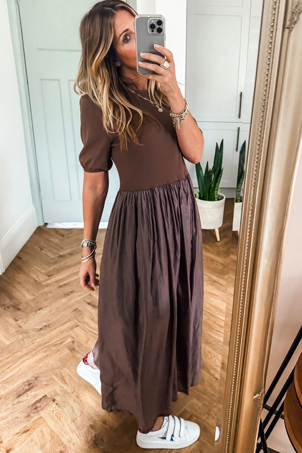 Coffee Short Sleeve Knit Top Patchwork Pleated Long Dress