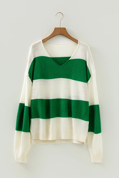 Stripe Loose Color Block Drop Shoulder Bubble Sleeve Sweater