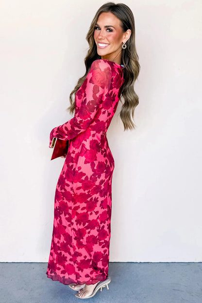 Floral Print Cuff Hem Serging Long Sleeve Sheath Dress