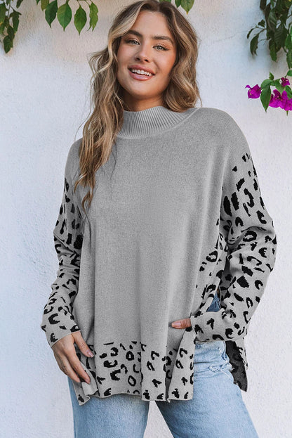 Leopard High Neck Side Slit Oversized Sweater
