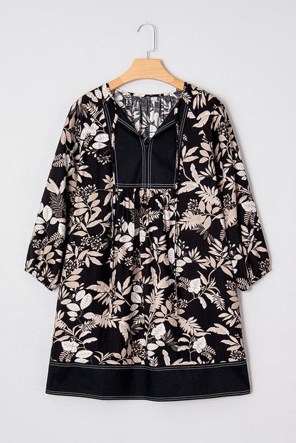 Black 3/4 Sleeve Botanical Print Split Neck Loose Mini Dress