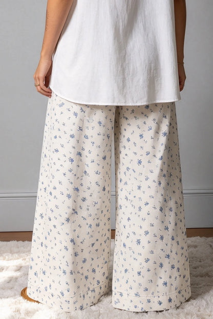 White Button Drawstring Pleated High Waist Floral Wide Leg Jeans