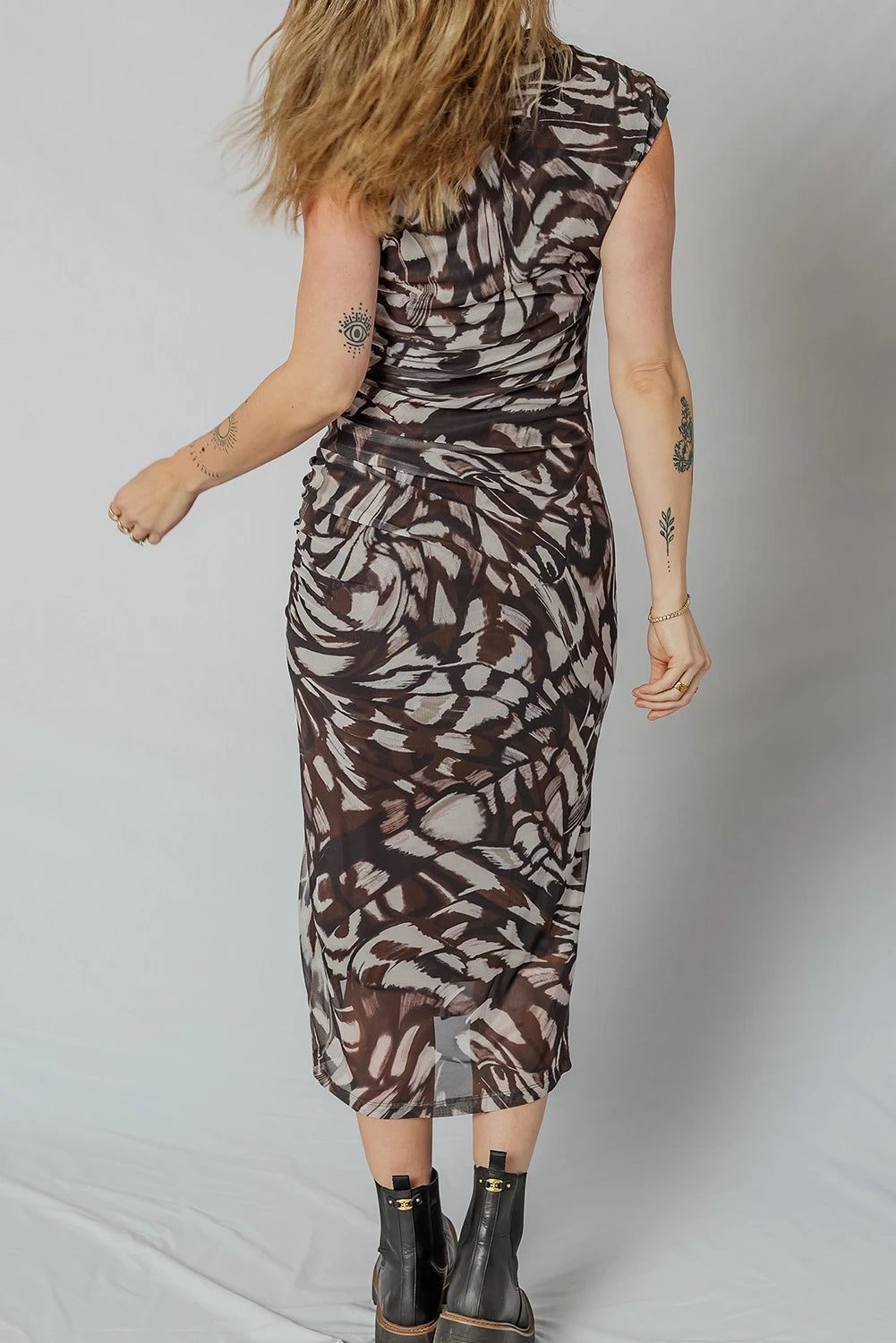 Brown Abstract Print Mesh Cowl Neck Cap Sleeve Ruched Midi Dress with Slit