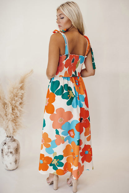 Orange Floral Self Tied Straps Smocked Bust Maxi Dress