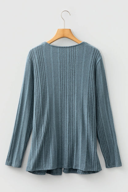Ribbed Open Front Knitted Top with Pockets