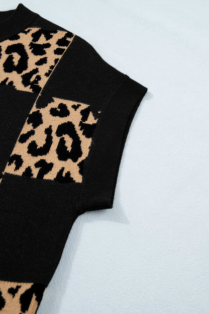 Black Leopard Checkerboard Short Sleeve Knit Sweater