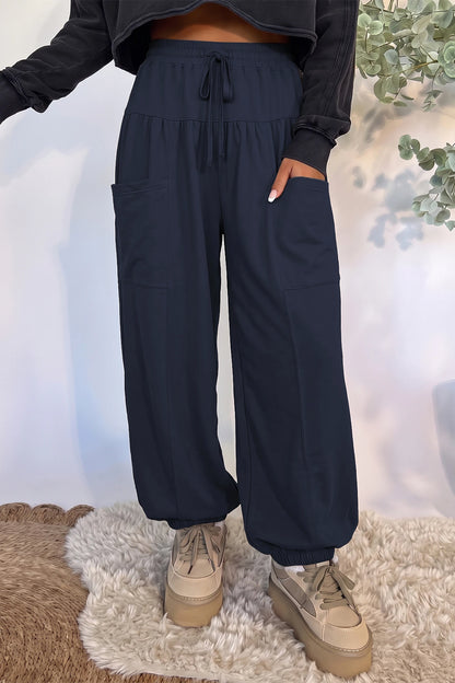 Dirty blue Elastic Waist Drawstring Wide Leg Full Length Pants