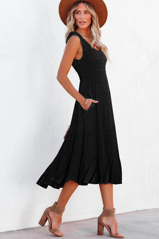 Shirred Pleated Square Neck Sleeveless Midi Dress