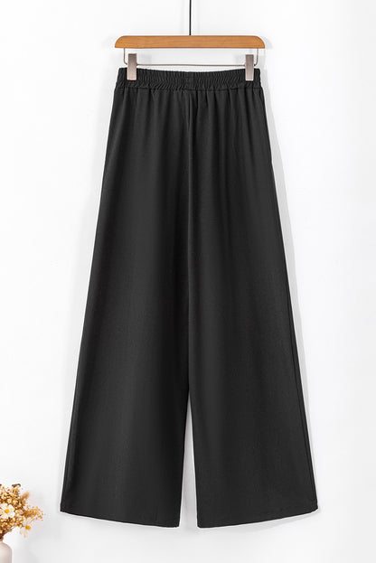High Waisted Tie Front Side Pocket Wide Leg Flowy Casual Pants