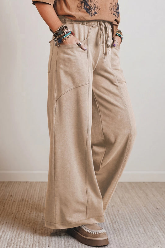 Smoke Gray Mineral Wash Drawstring Retro High Waist Wide Leg Western Pants