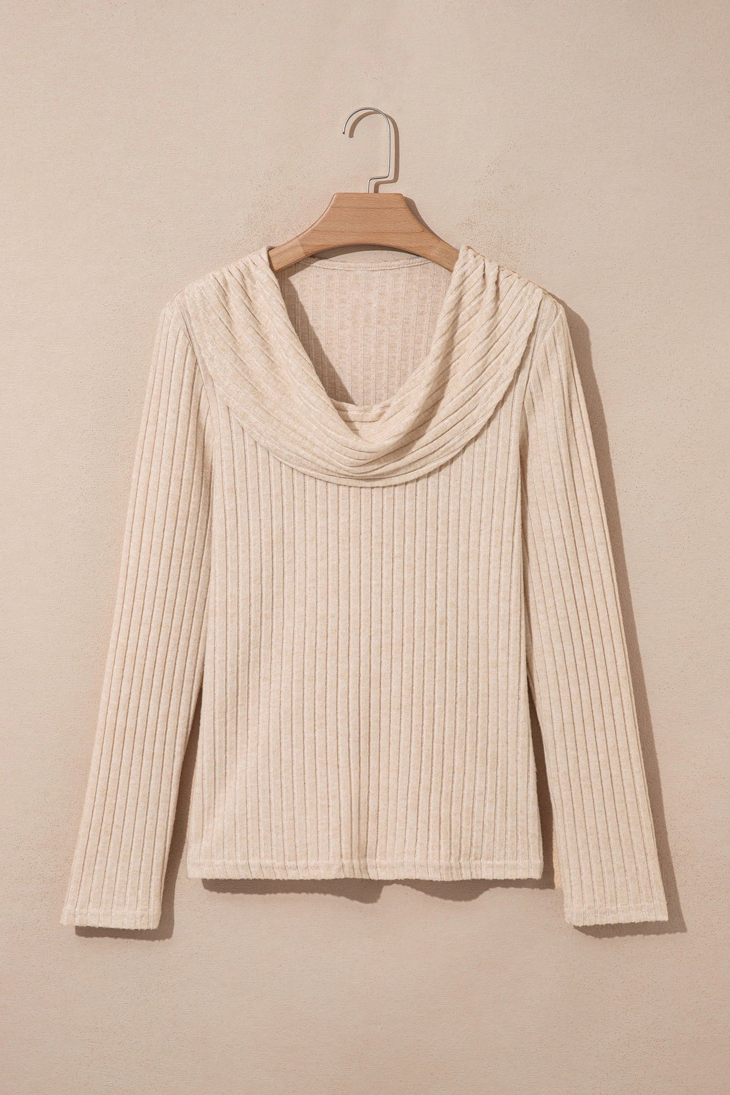 Apricot Solid Color Ribbed Knit Cowl Neck Long Sleeve Top