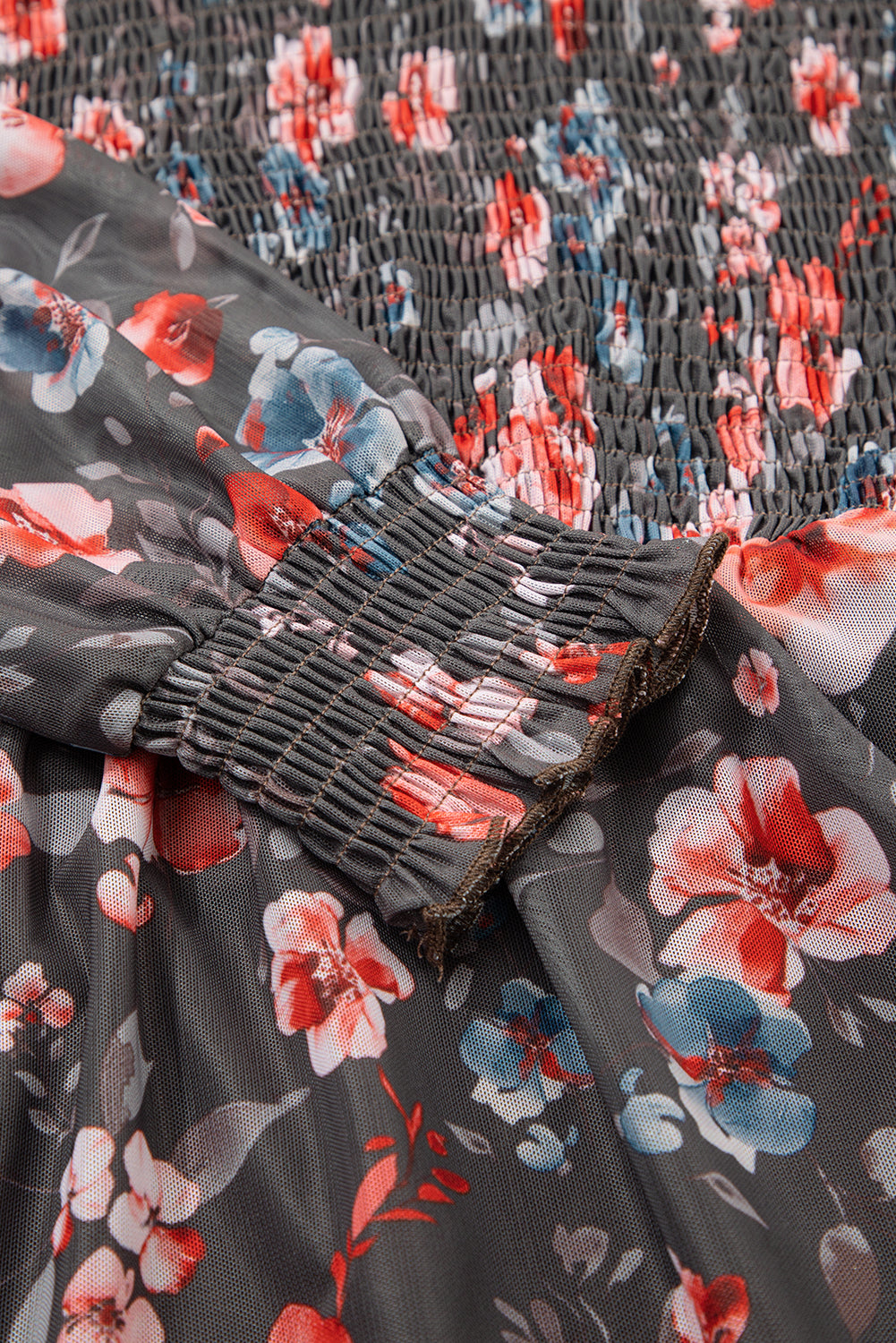 Brown Frilly Smocked Bodice Floral Mesh Long Sleeve Mini Dress