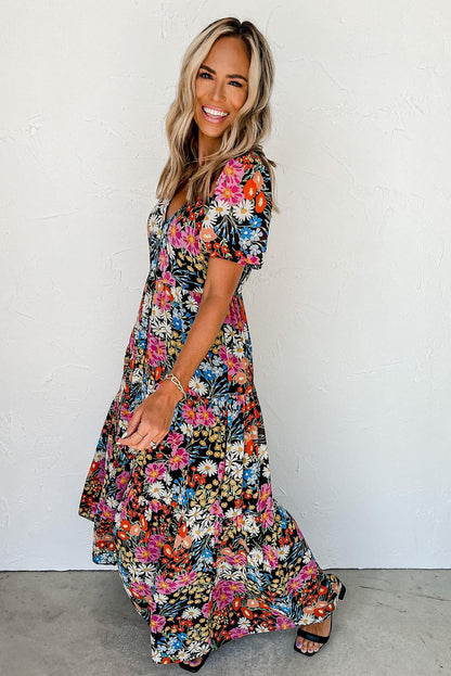 Black Short Sleeve Boho Floral Pattern Tiered Maxi Dress