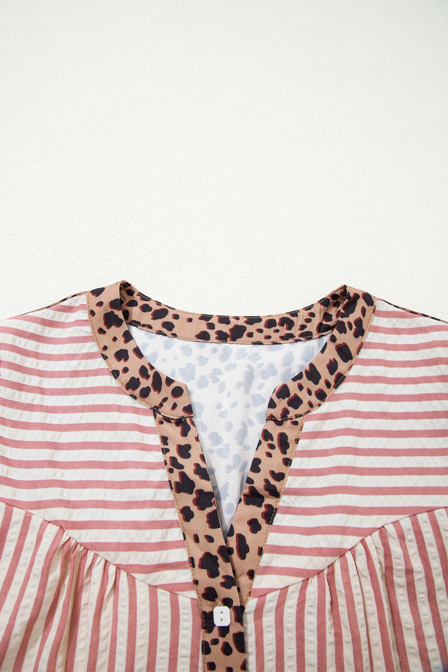 Pink Stripe Square Button Leopard Trim Loose Bracelet Sleeve Shirt Dress