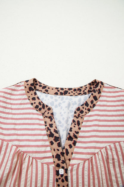 Pink Stripe Square Button Leopard Trim Loose Bracelet Sleeve Shirt Dress