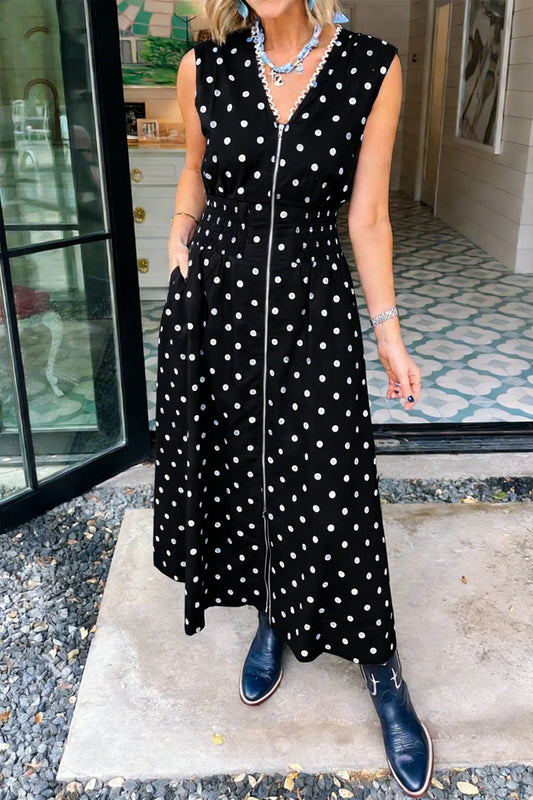 Black Polka Dot Print Contrast Trim V Neck Zip Up Sleeveless Dress