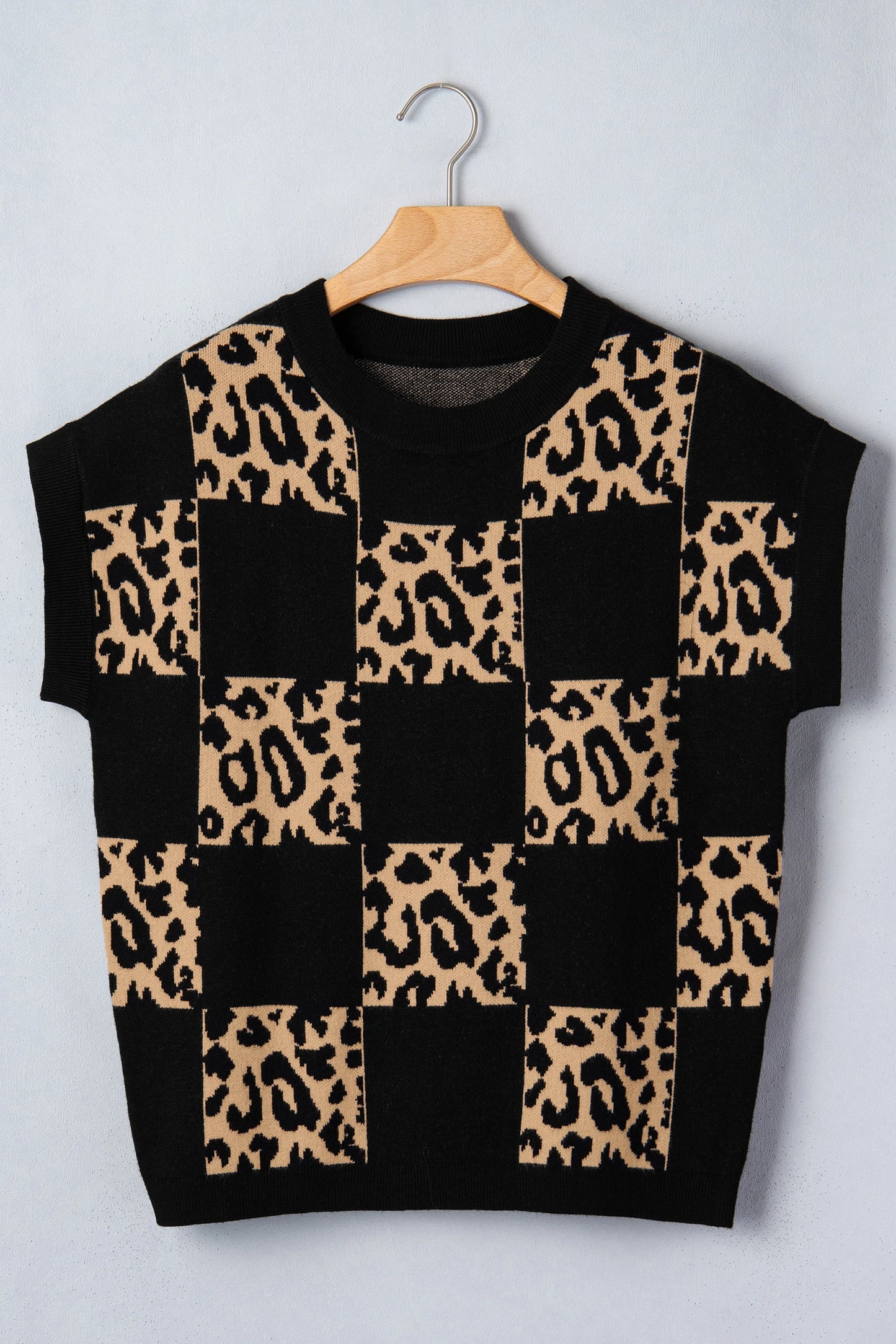 Black Leopard Checkerboard Short Sleeve Knit Sweater