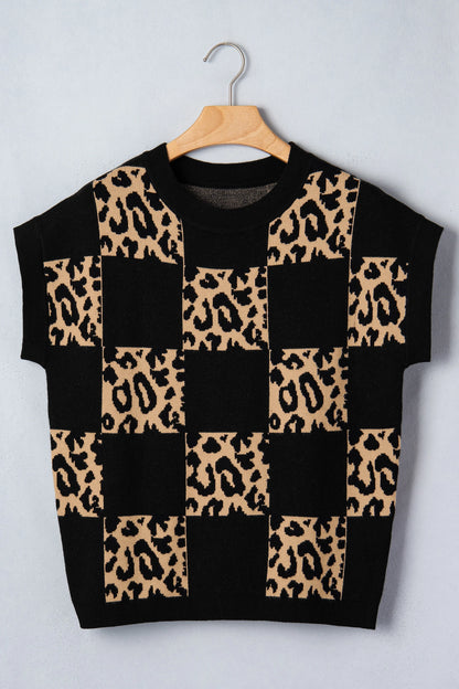 Black Leopard Checkerboard Short Sleeve Knit Sweater