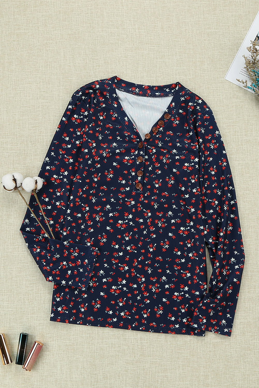 Navy Button V Neck Long Sleeve Floral Top
