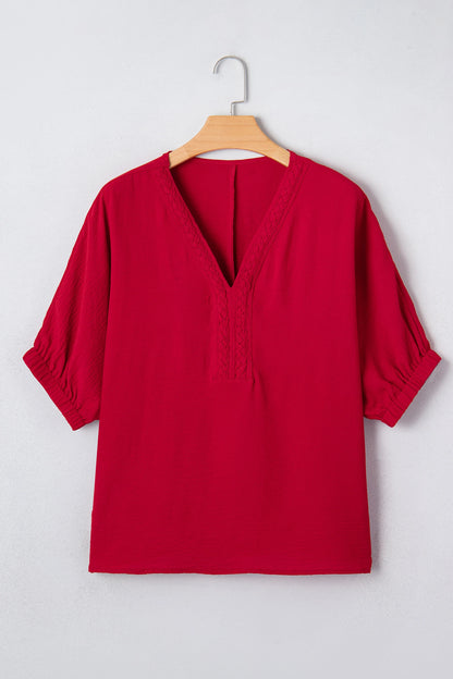 Racing Red Braided Trim V Neck Half Sleeve Blouse