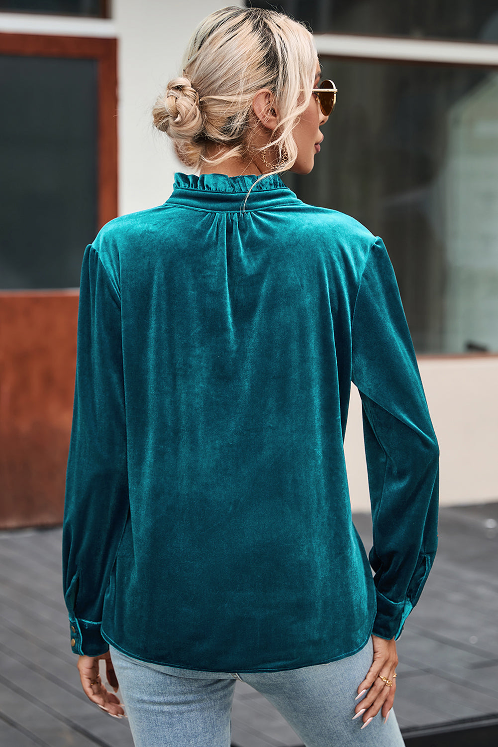 Frilled Neck Buttoned Front Velvet Top
