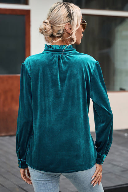Frilled Neck Buttoned Front Velvet Top