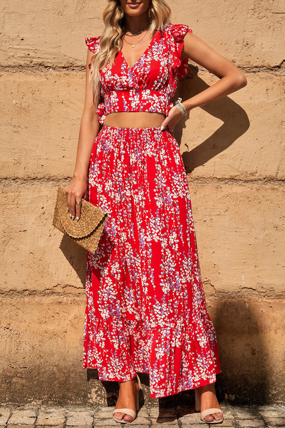 Women's Floral Tie-Shoulder Crop Top and Tiered Maxi Skirt Set main image 0