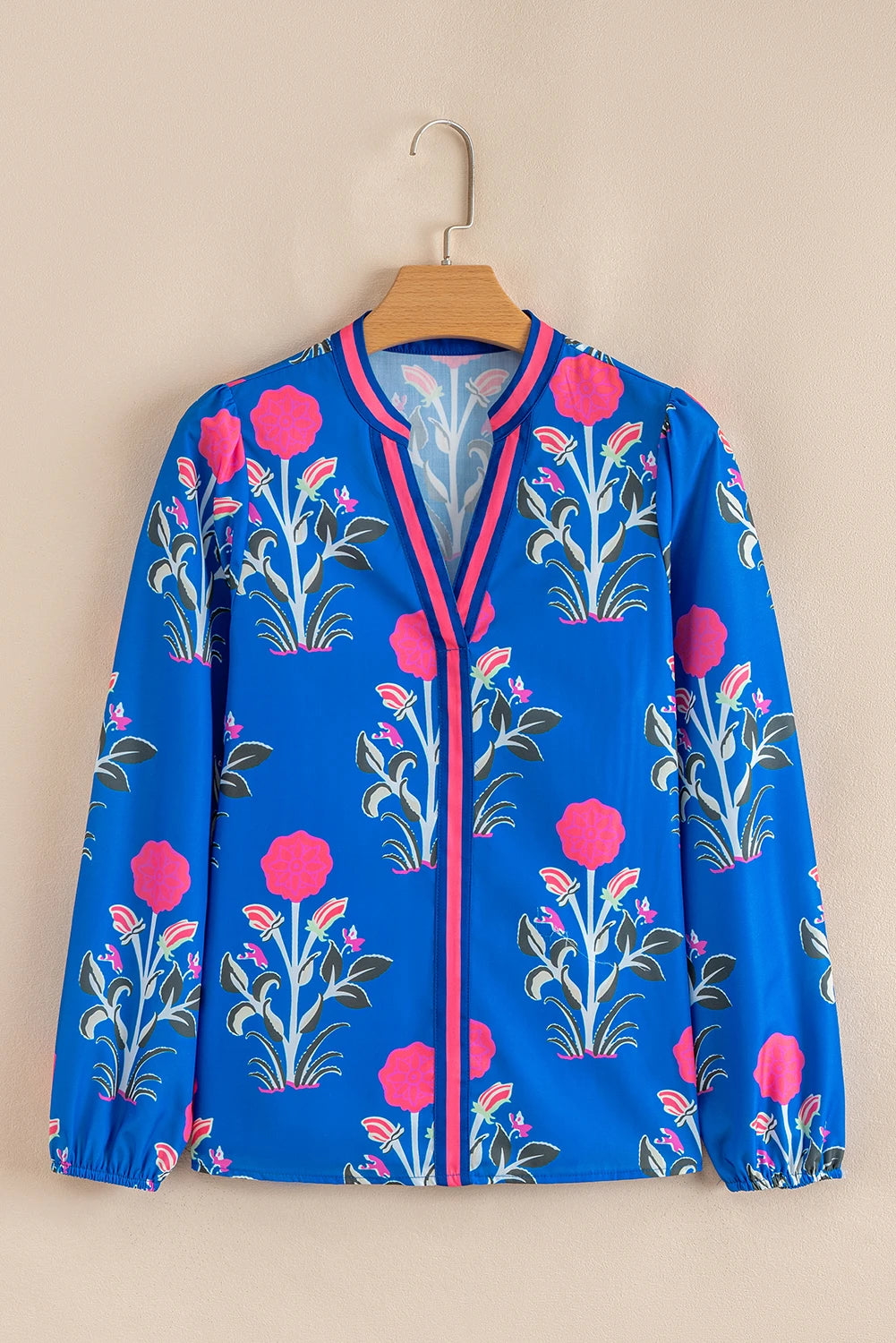 Blue Floral Print Contrast Striped Trim Notched Neck Long Sleeve Blouse