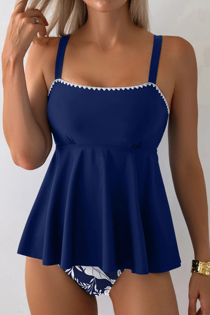 Spaghetti Straps Contrasted Ricrac Trim Flared Tankini 2pcs Swimsuit