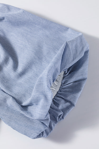 Sky Blue Stripe Bubble Sleeve Square Neck Ruched Pocketed Babydoll Dress