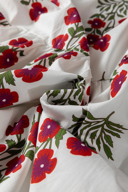 White Floral Print V Neck 3/4 Sleeve Loose Mini Dress