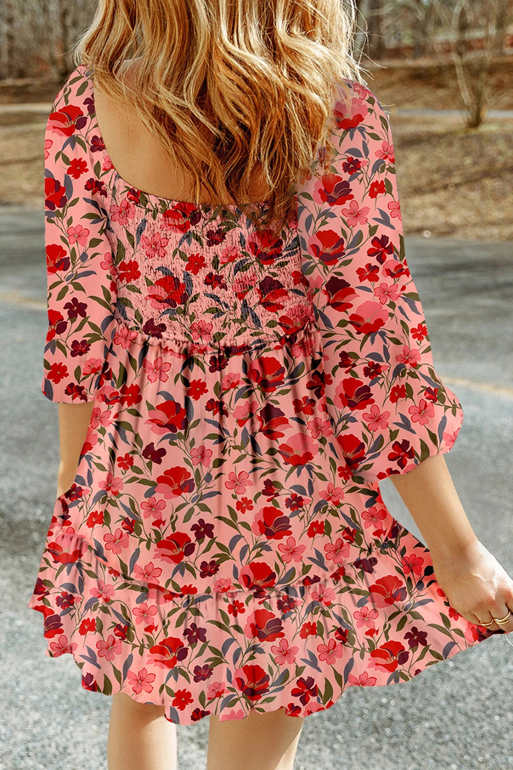Floral 3/4 Sleeve Square Neck Smocked Mini Dress