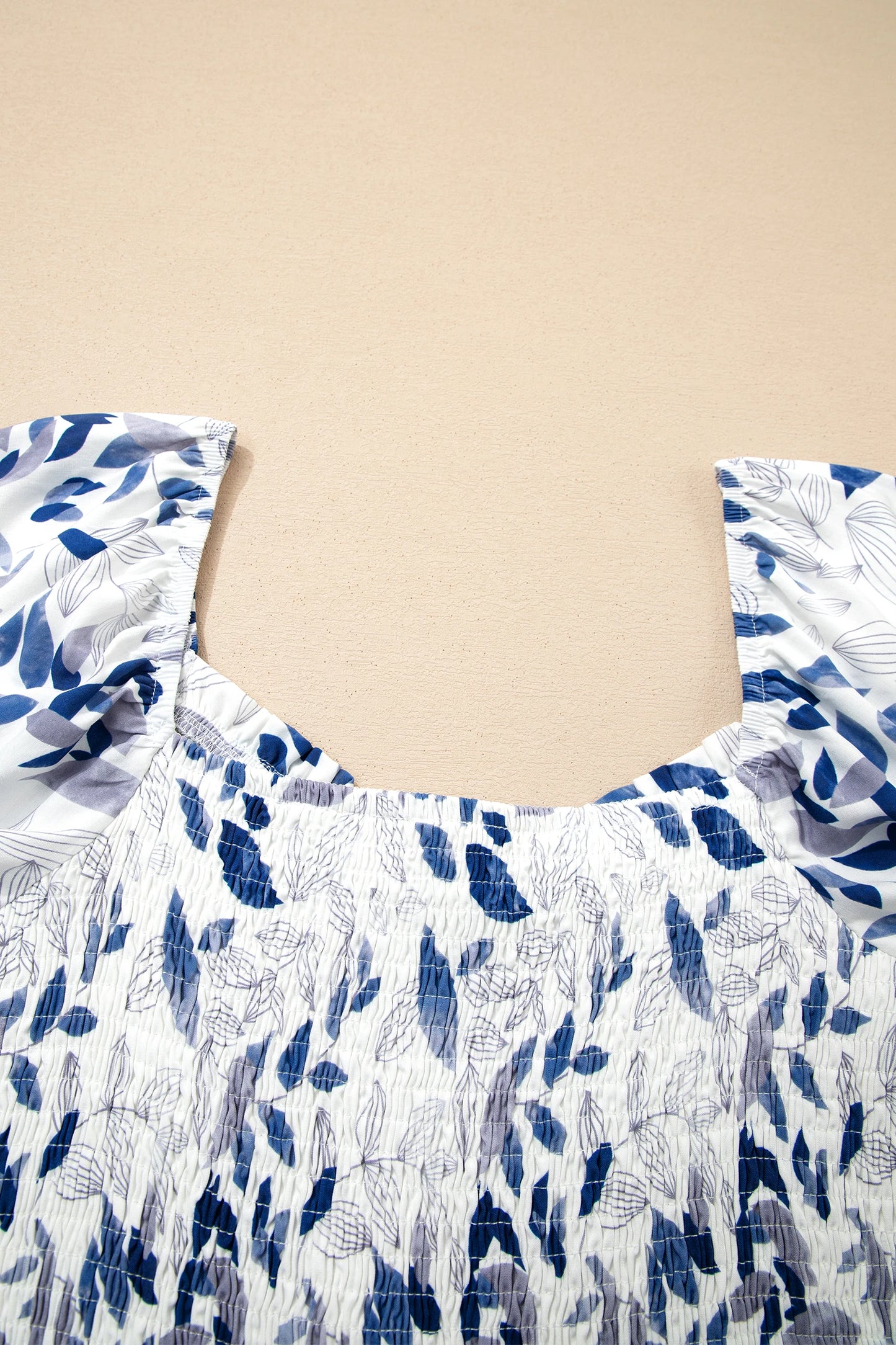 Sky Blue Smocked Bodice Short Puff Sleeve Tiered Floral Midi Dress