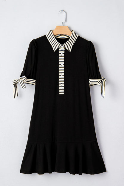 Black Stripe Detail Polo Collar Half Buttons Tied Short Sleeve Shift Mini Dress