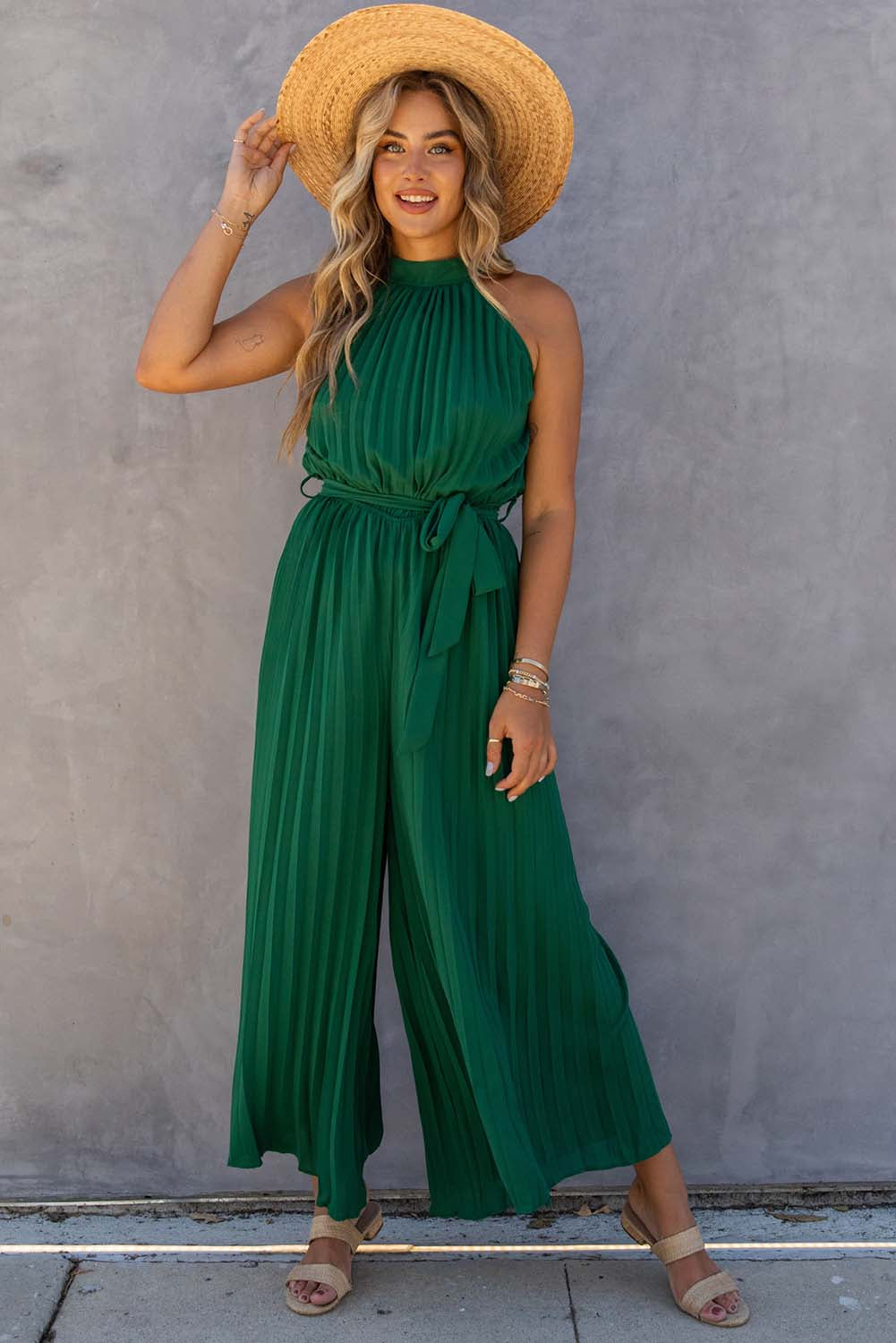 Halter Neck Pleated Wide Leg Jumpsuit with Belt