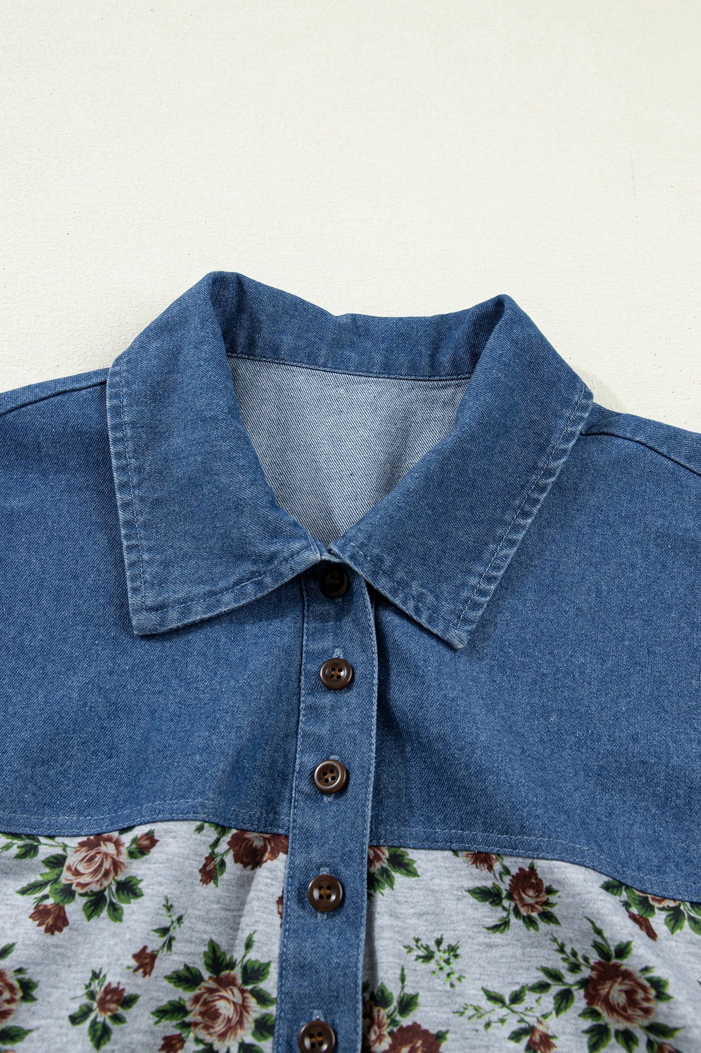 Retro Floral Print Denim Patchwork Buttoned Polo Collar Top