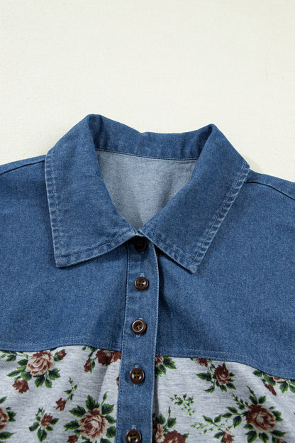 Retro Floral Print Denim Patchwork Buttoned Polo Collar Top