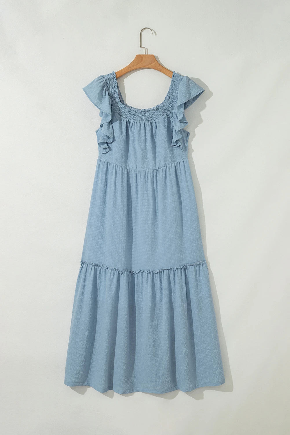 Ruffled Flutter Sleeve Square Neck Textured Tiered Maxi Dress