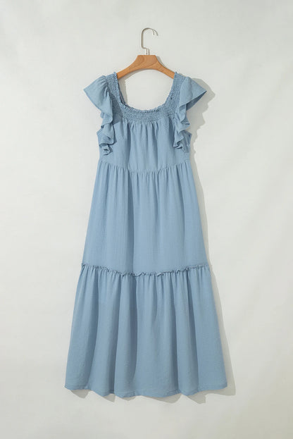Ruffled Flutter Sleeve Square Neck Textured Tiered Maxi Dress