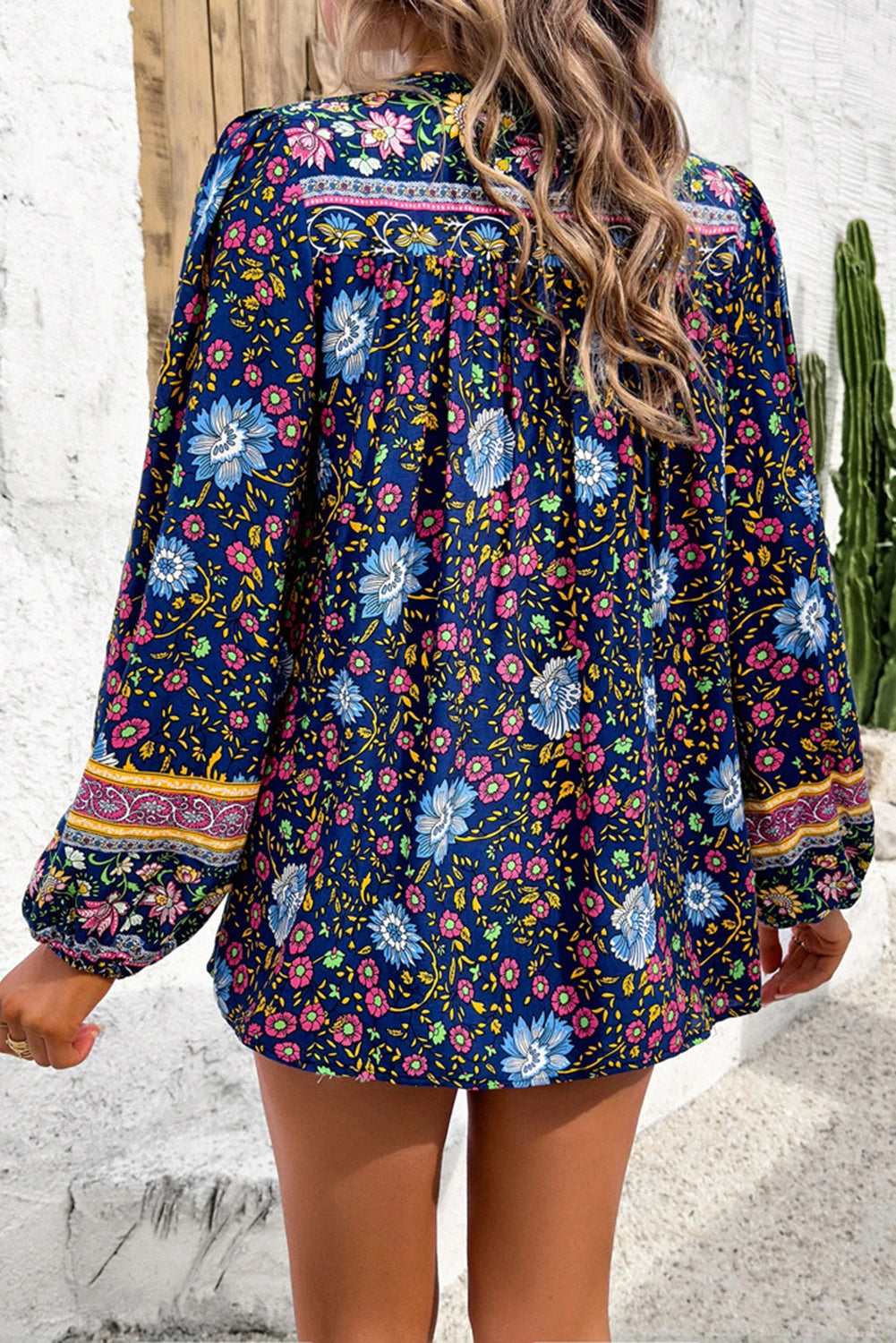 Bohemian Floral Print Tassel Tie Front Long Sleeve Blouse