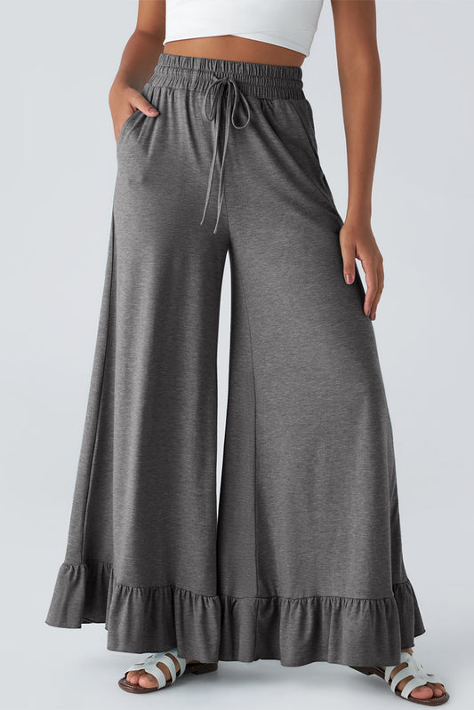 Ruffled Wide Leg Pull On High Waist Pants with Pockets