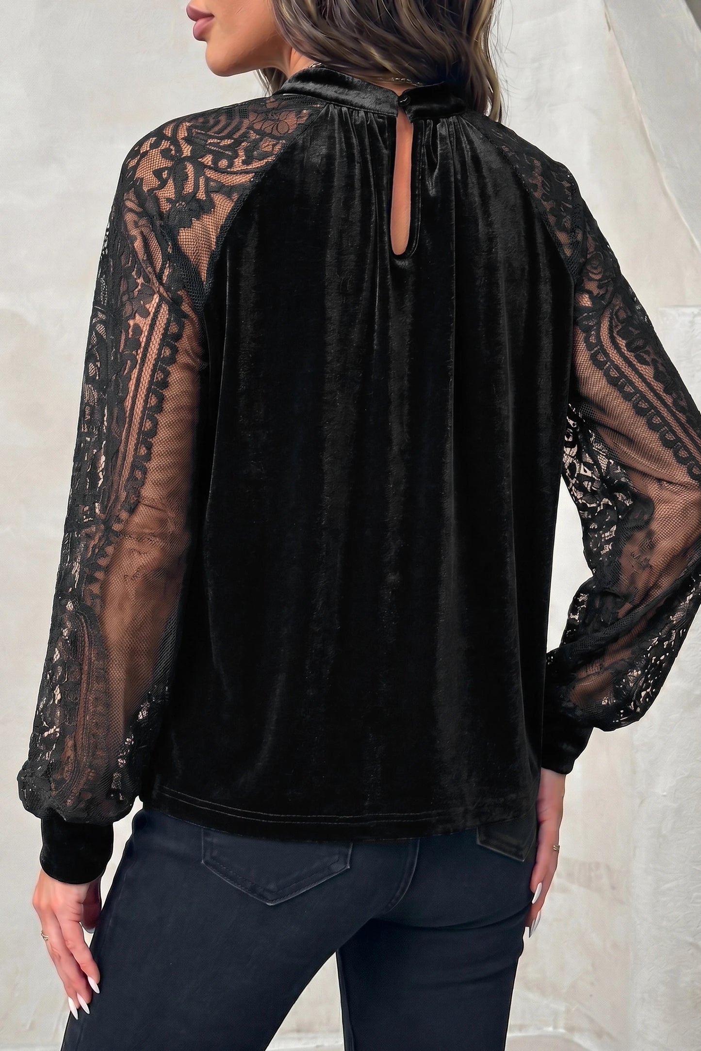 Sheer Lace Long Sleeve Patchwork Stand Neck Velvet Blouse