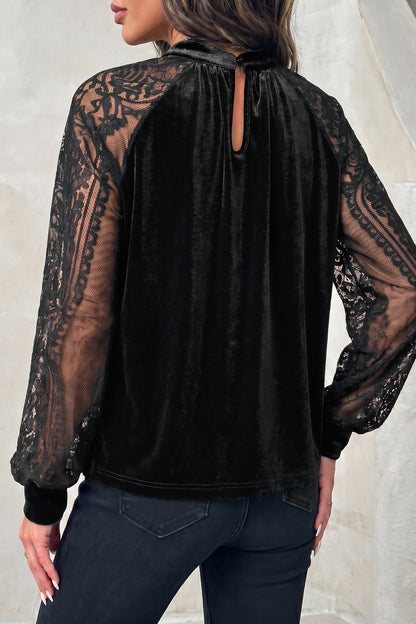 Sheer Lace Long Sleeve Patchwork Stand Neck Velvet Blouse