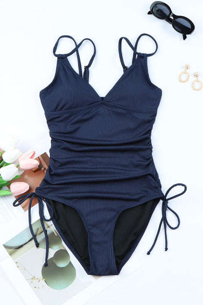 Blue Adjustable Straps Ribbed Knit One Piece Swimsuit