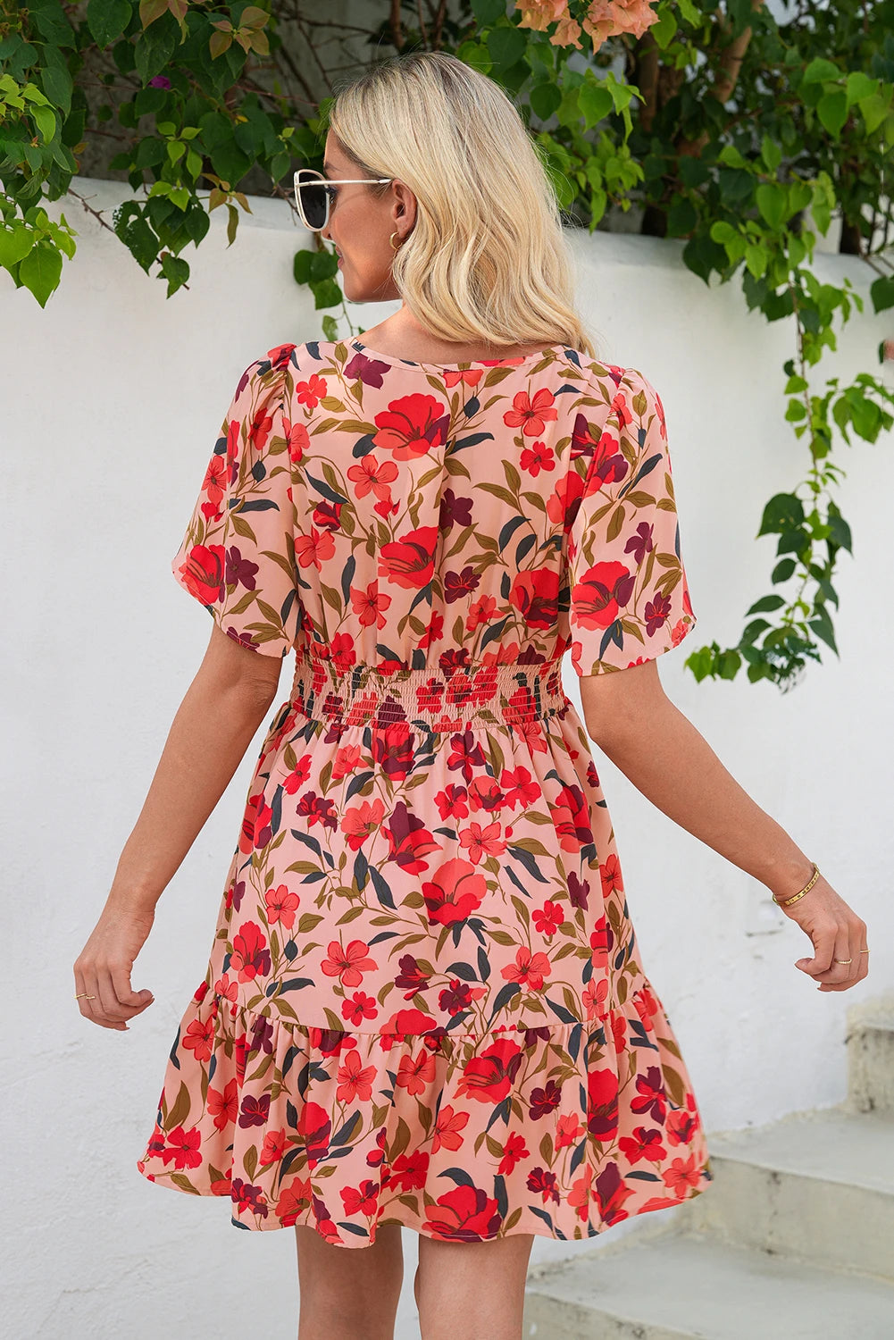 Red Floral Print Wrap V Neck Short Sleeve High Waistband Mini Dress